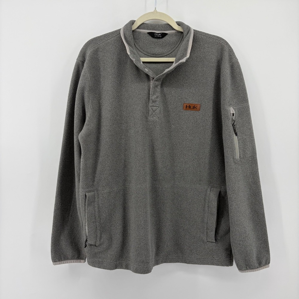 Huk‎ Mens Medium Gray Fleece Pullover Snap Mock Neck Fishing Sweater Pocket